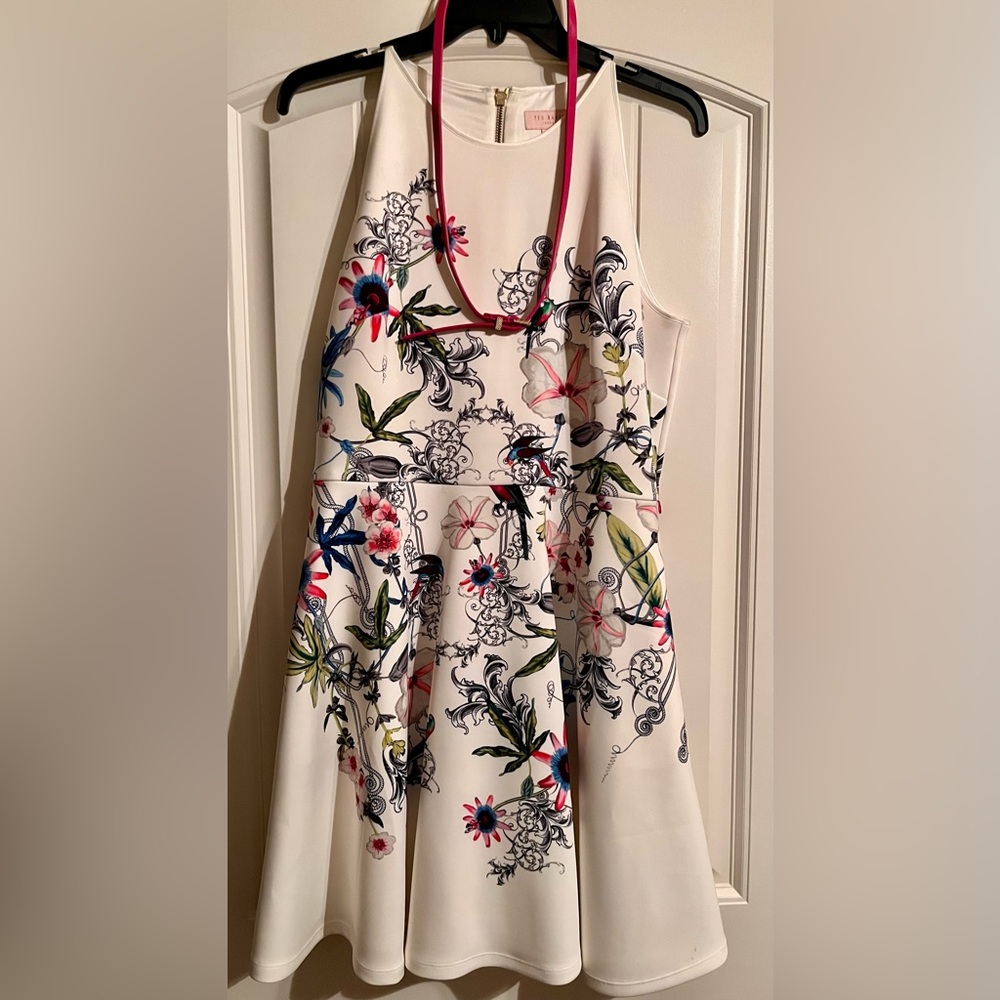 Ted Baker White Floral Midi Dress with Multi-Color Print TB 4 , USA 8/10 - Picture 2 of 7